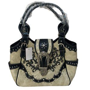 (8-210) Brand New w/Tag Beige Leather-Like Western Shoulder Handbag